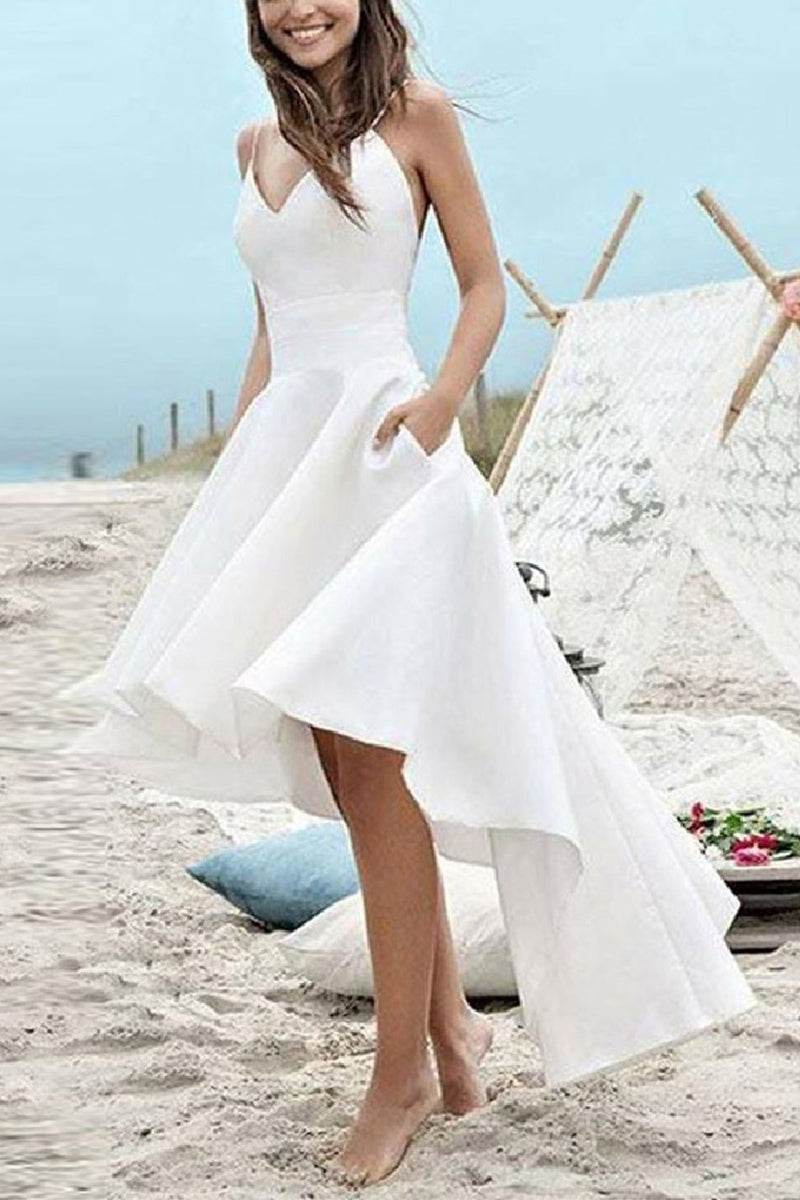 A-Line High-Low Satin Little White Dress 100059 - COCOMELODY